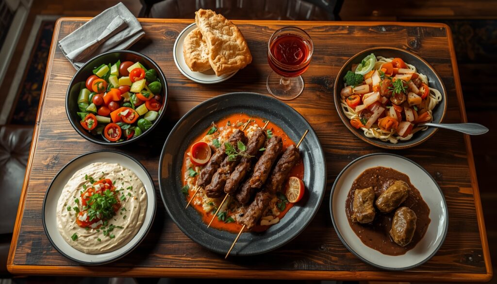 Mesa com pratos típicos da culinária turca: kebab, meze, pão pita e chá turco — uma das maiores vantagens de morar na Turquia para brasileiros amantes de gastronomia
