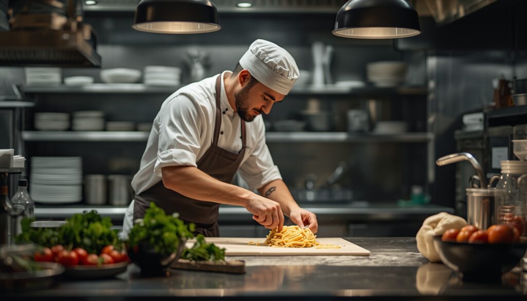 Profissional trabalhando em restaurante italiano — setor com mais oportunidades para brasileiros na Itália em 2026