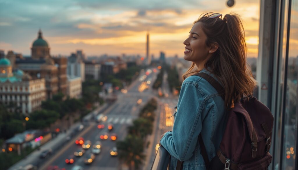 Morar na Argentina: Guia Completo para Brasileiros 2026 Brasileira smiling confidently on a Buenos Aires balcony, holding a guidebook and residency documents, overlooking the city at sunset.