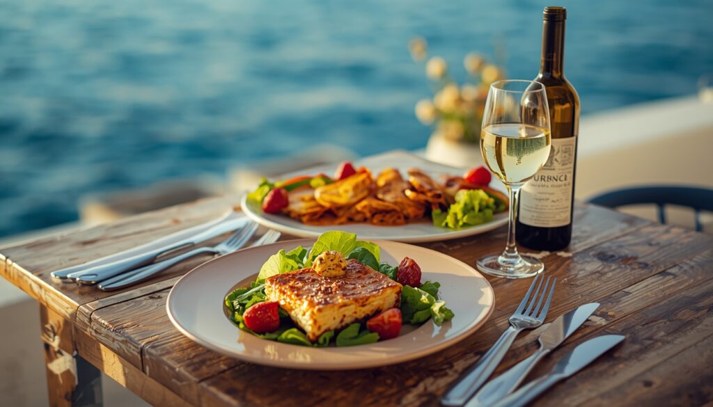 🇬🇷 Como Morar na Grécia em 2026: O Guia Definitivo para Brasileiros Mesa com pratos típicos da culinária grega, incluindo salada, moussaka e vinho local.