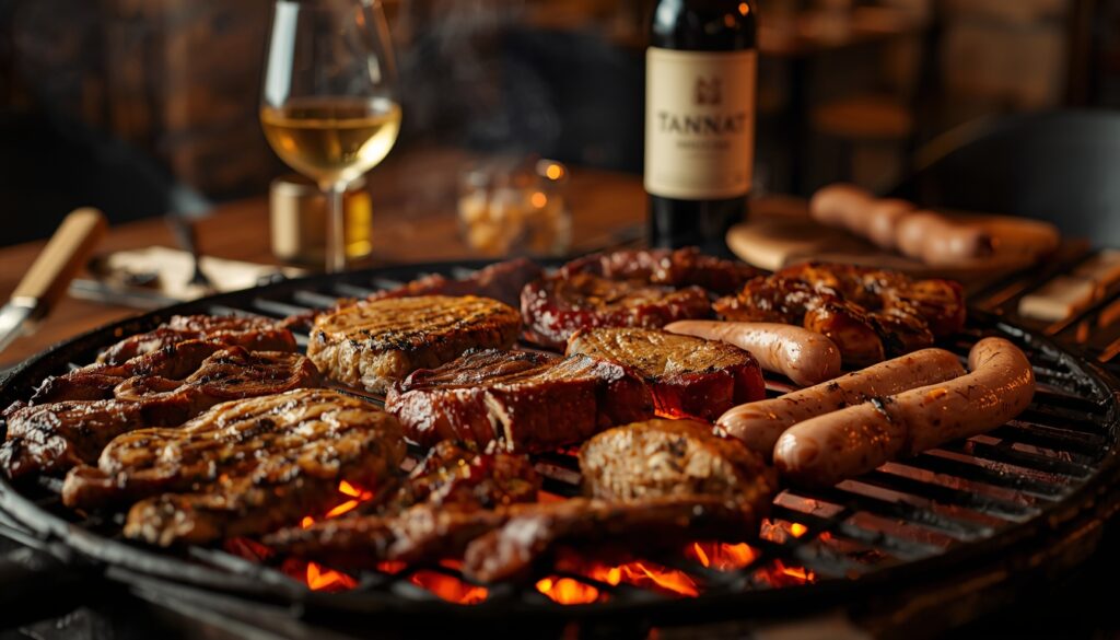 🇺🇾 Viagem para o Uruguai: O Guia Completo para 2026 (Custos, Roteiros e Dicas) Carne sendo preparada na parrilla uruguaia com lenha e vinho Tannat ao fundo.