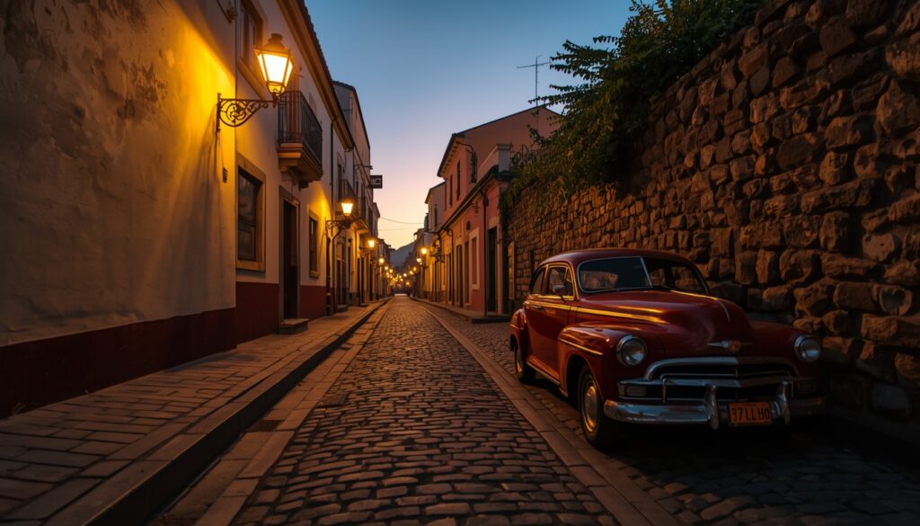 🇺🇾 Viagem para o Uruguai: O Guia Completo para 2026 (Custos, Roteiros e Dicas) Rua de pedras histórica em Colonia del Sacramento, Uruguai, com arquitetura colonial.