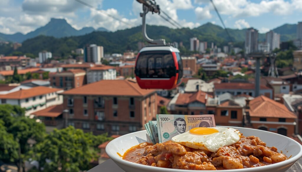 🌎 Lugares Baratos para Viajar na América do Sul em 2026: 10 Destinos Onde o Real Rende Mais Metrocable de Medellín e prato típico, destacando o custo-benefício da cidade em 2026.