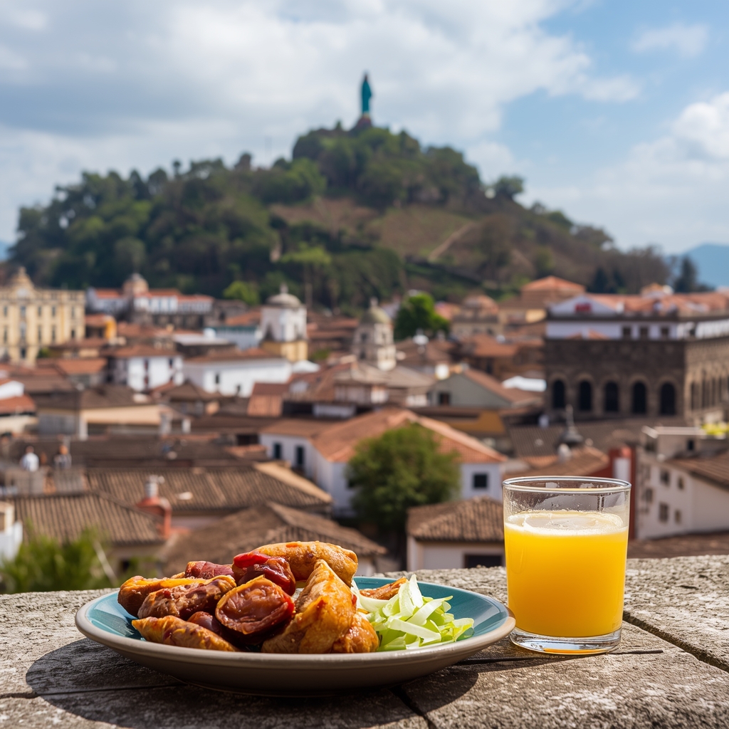 🌎 Lugares Baratos para Viajar na América do Sul em 2026: 10 Destinos Onde o Real Rende Mais Vista panorâmica de Quito e prato típico, ilustrando o baixo custo de turismo no Equador.