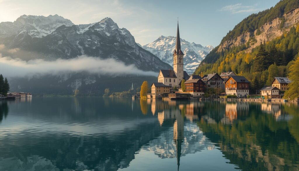 Vista aérea do vilarejo de Hallstatt, na Áustria, às margens do lago Hallstätter See com montanhas nevadas ao fundo — um dos lugares mais bonitos da Europa