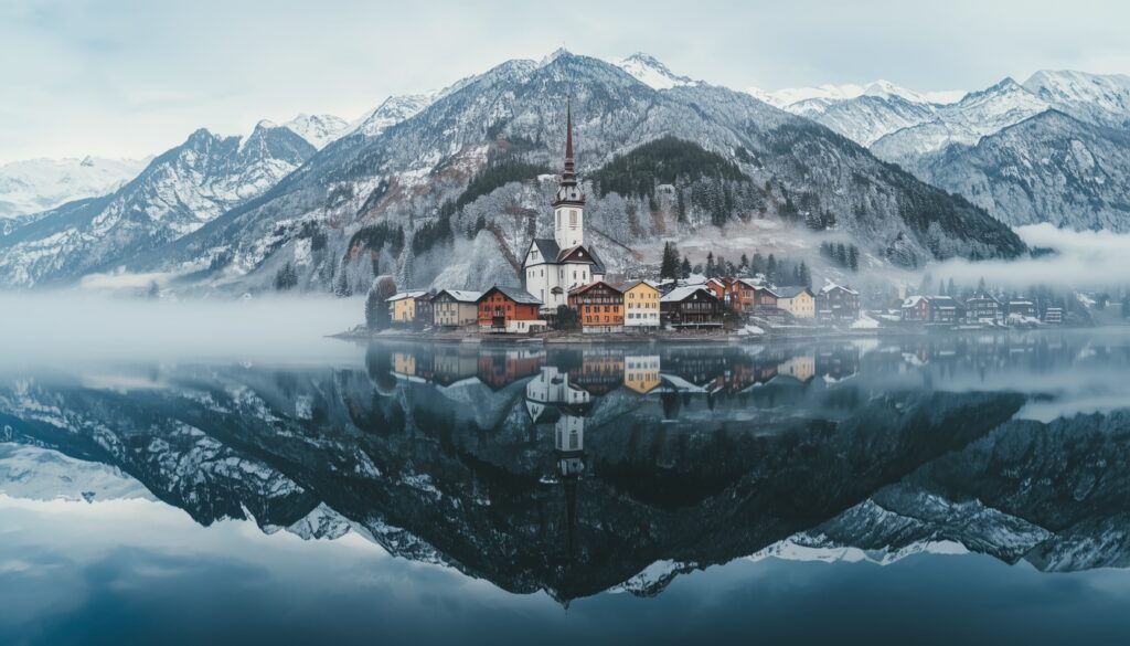 Vista panorâmica do vilarejo de Hallstatt refletido no lago alpino com as montanhas nevadas dos Alpes ao fundo