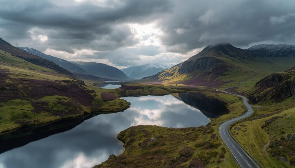 morar na Escócia Paisagem dramática das Highlands escocesas com montanhas verdes refletidas em loch calmo e charnecas de urze roxa ao fundo com nuvens dramáticas