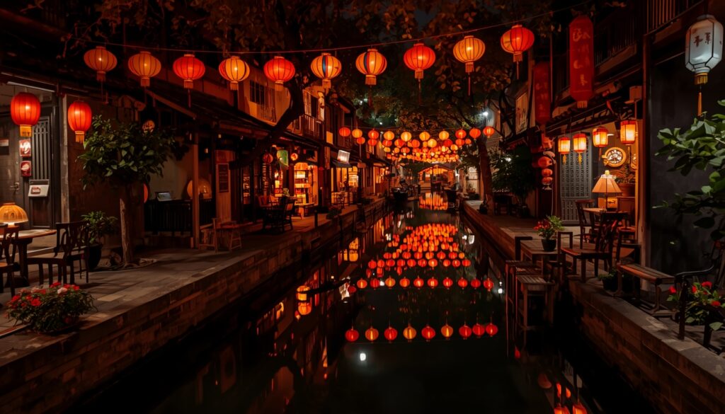 Rua histórica de Hoi An no Vietnã iluminada por lanternas coloridas tradicionais refletidas no canal à noite