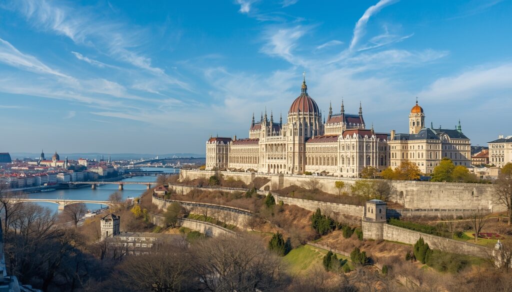 Castelo de Buda no alto da colina com vista para a cidade de Budapeste e o Rio Danúbio em 2026