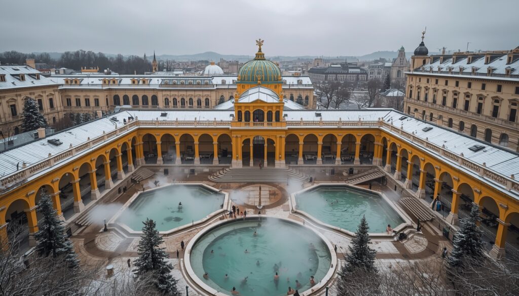 Piscina externa das Termas Széchenyi em Budapeste com vapor no ar frio do inverno em 2026