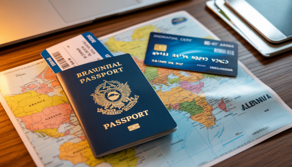 ideogram v3.0 flat lay photography of brazilian passport printed travel insurance policy inter 0