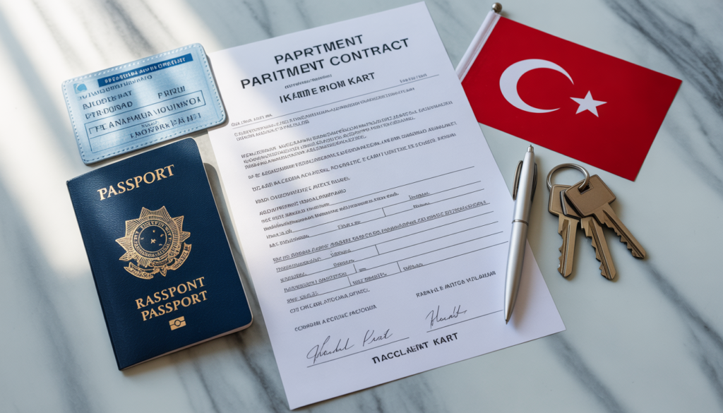 Cartão Ikamet de residência turca ao lado de passaporte brasileiro e contrato de aluguel — documentos necessários para morar legalmente na Turquia como brasileiro