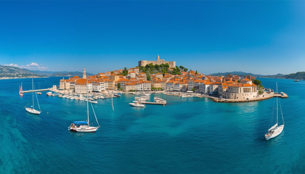 Vista panorâmica da Ilha de Hvar com barcos e iate no Mar Adriático azul turquesa — destino de praias e festas mais badalado da Croácia e favorito entre jovens brasileiros