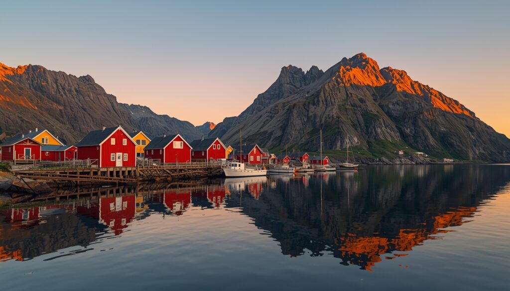 viajar para a Noruega Aldeia de pescadores colorida nas Ilhas Lofoten com montanhas nevadas ao fundo na Noruega em 2026