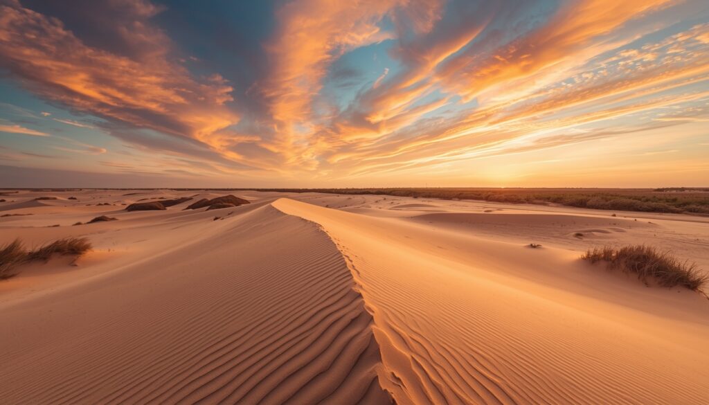 Dunas gigantes do Istmo da Curlândia na Lituânia ao pôr do sol, praia do Mar Báltico com floresta de pinheiros