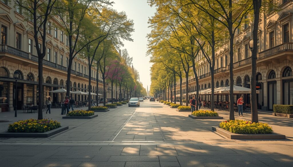 Corredor da Liberdade em Kaunas, Lituânia, com arquitetura art déco e pedestres em 2026