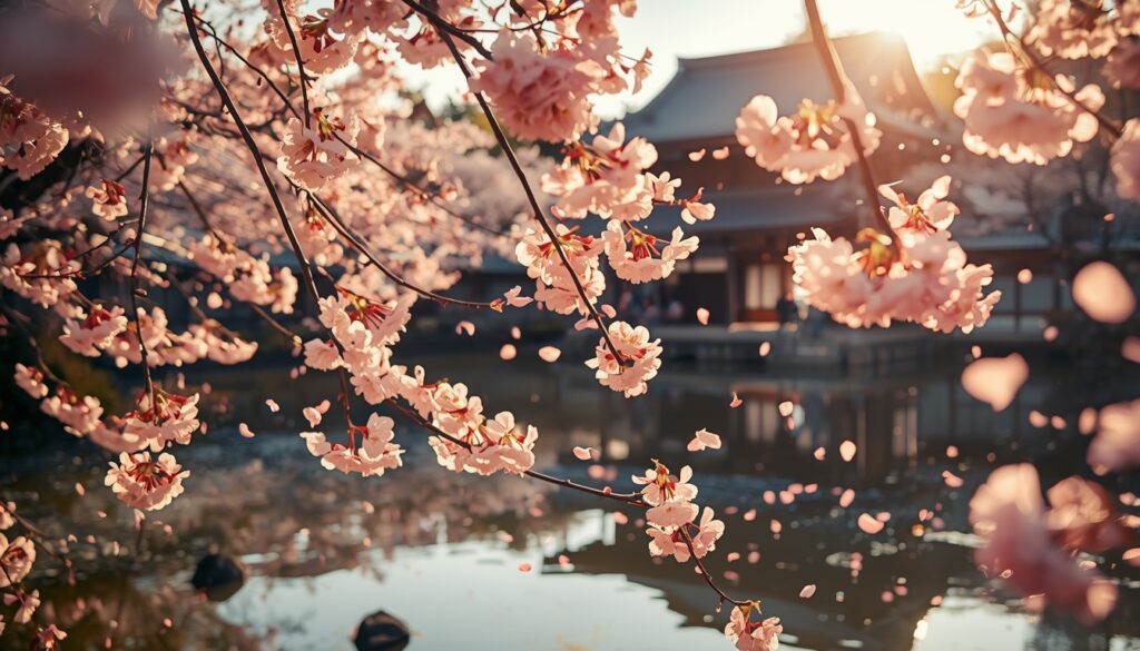 Casal passeando sob as cerejeiras em flor em Kyoto no Japão durante a primavera com o templo Kinkakuji ao fundo