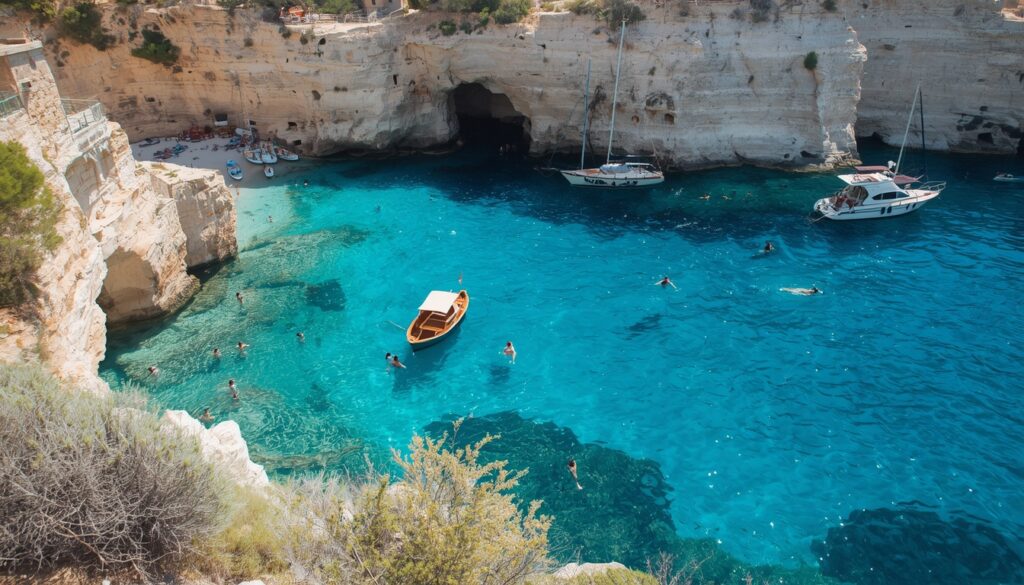 Lagoa Azul de Comino em Malta com águas turquesa cristalinas e rochas calcáreas — um dos passeios mais famosos de quem viaja para Malta