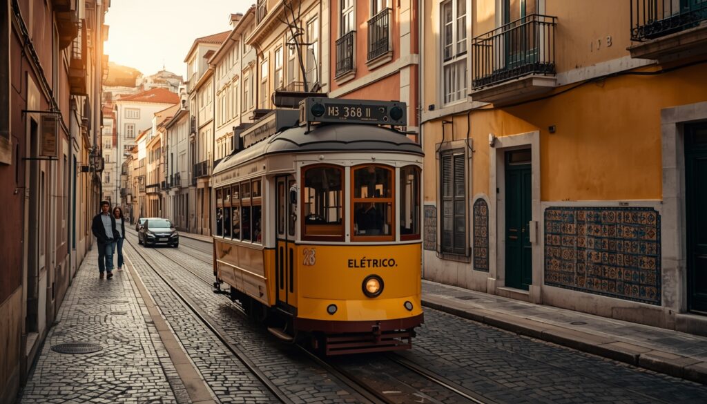 Elétrico 28 amarelo percorrendo as ruas históricas de Alfama em Lisboa, Portugal — destino mais visitado por brasileiros na Europa onde o seguro viagem é obrigatório