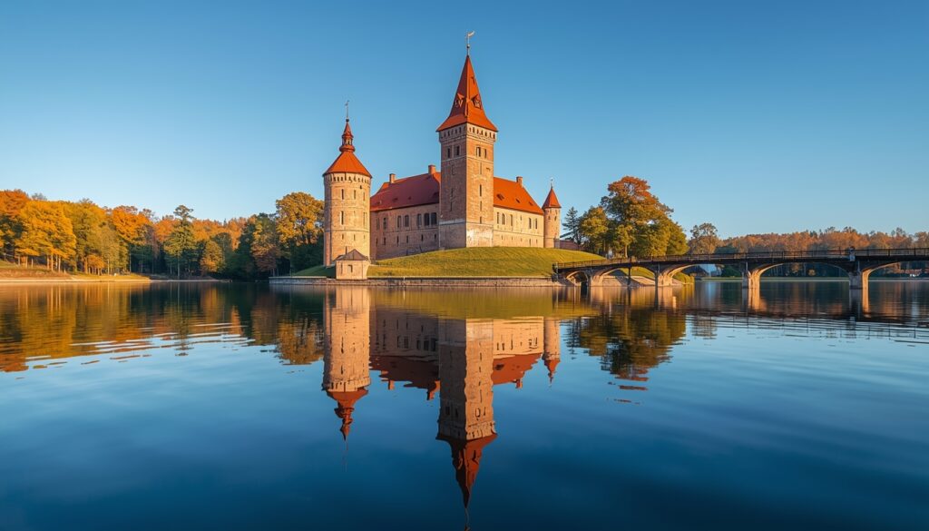 Castelo medieval de Trakai na ilha refletido no lago azul na Lituânia em 2026