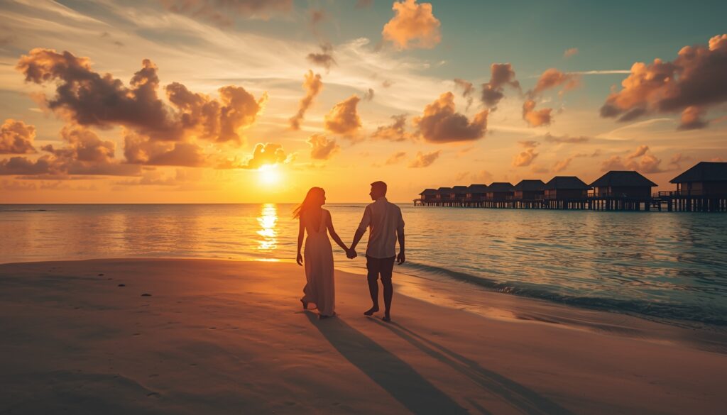 Casal de mãos dadas numa praia paradisíaca da Ásia ao pôr do sol com bangalôs sobre a água das Maldivas ao fundo