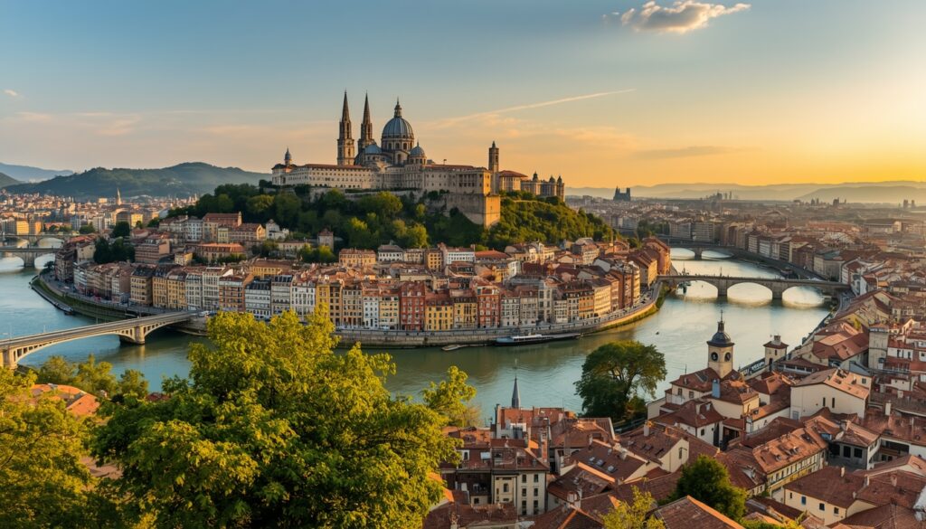 Vista panorâmica de Lyon com o Rio Saône e o bairro histórico de Fourvière ao fundo — considerada a melhor cidade da França para se viver com excelente custo-benefício para brasileiros
