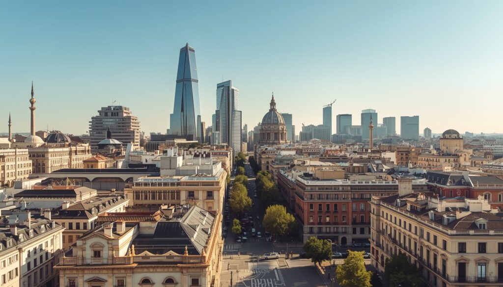 Madrid Espanha skyline moderno — polo de trabalho em tecnologia e serviços para brasileiros que querem trabalhar na Espanha em 2026