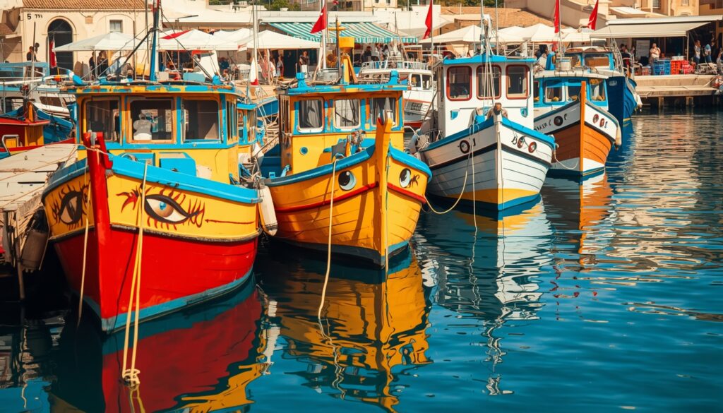 Barcos tradicionais luzzu coloridos ancorados na vila de pescadores de Marsaxlokk em Malta — experiência autêntica para quem quer viajar para Malta além do turismo convencional