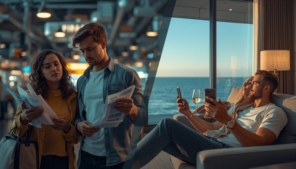 Casal em lua de mel segurando apólice de seguro viagem com segurança.