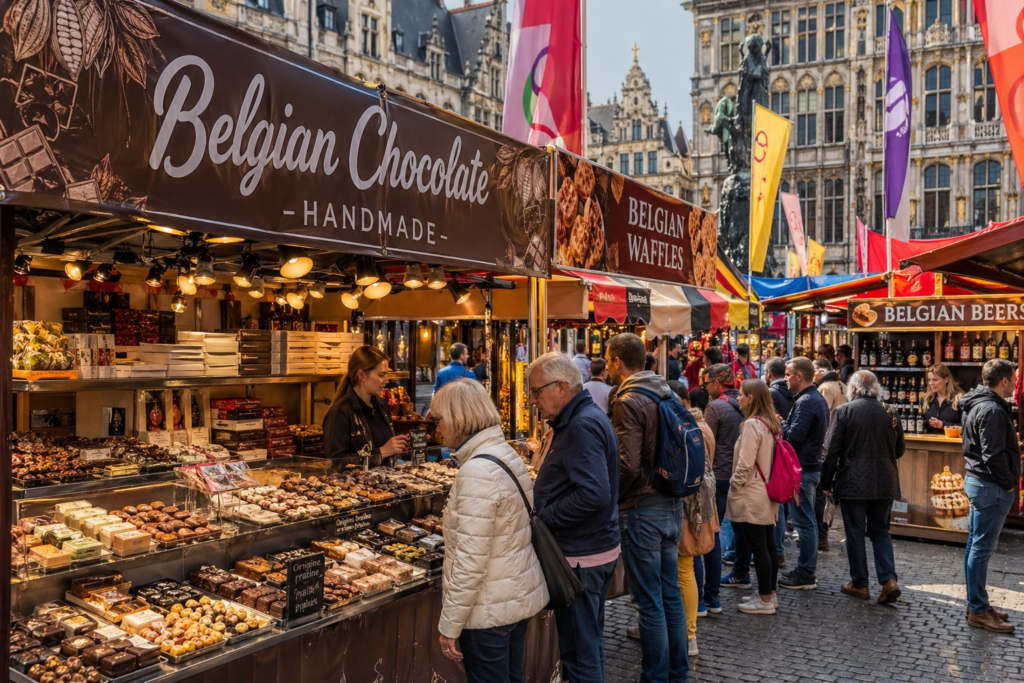 Mercado de rua vibrante em Antuérpia Bélgica com barracas de chocolates artesanais waffles e cerveja belga local com edifícios medievais ao fundo