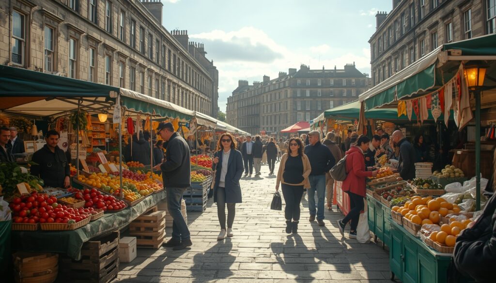 Mercado de produtores locais animado em Edimburgo Escócia em manhã de sábado com barracas coloridas de alimentos frescos e artesanato e prédios de pedra históricos ao fundo