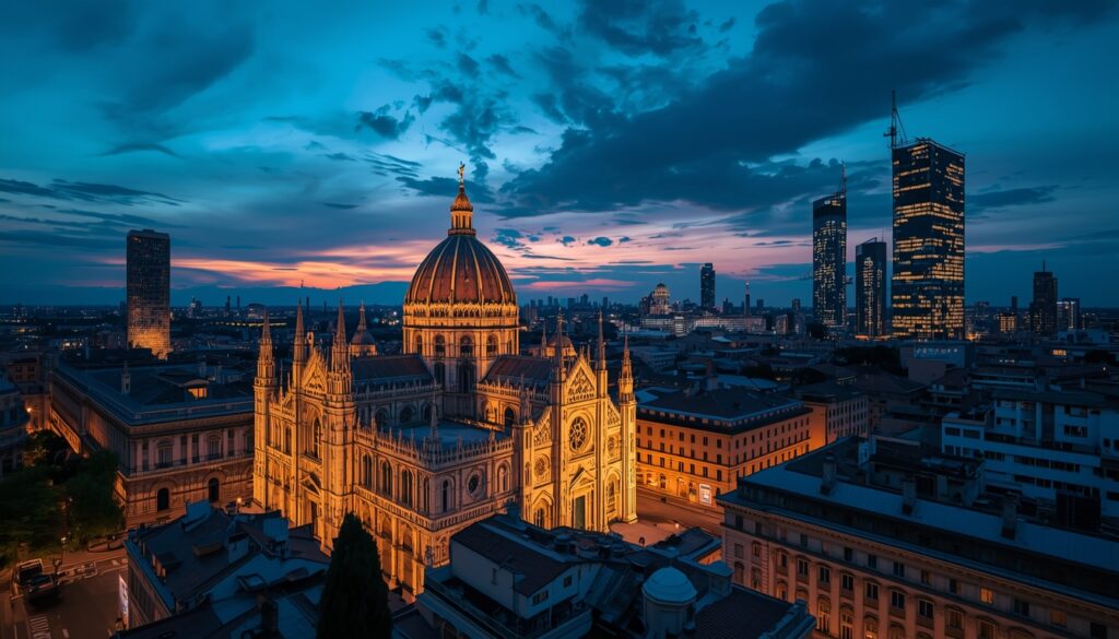 Skyline de Milão ao entardecer com a catedral Duomo e arranha-céus modernos representando a cidade com mais brasileiros na Itália