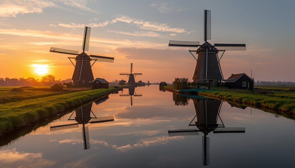 Moinhos de vento históricos de Kinderdijk refletidos nos canais da Holanda ao entardecer, Patrimônio Mundial da UNESCO