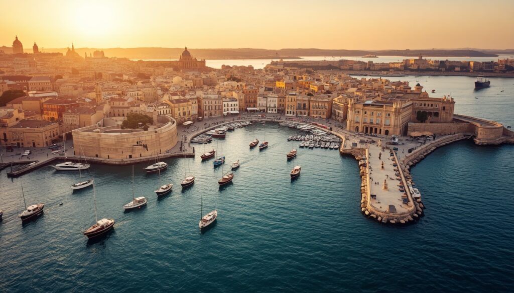Vista aérea da capital Valletta em Malta, com arquitetura histórica e mar mediterrâneo ao fundo