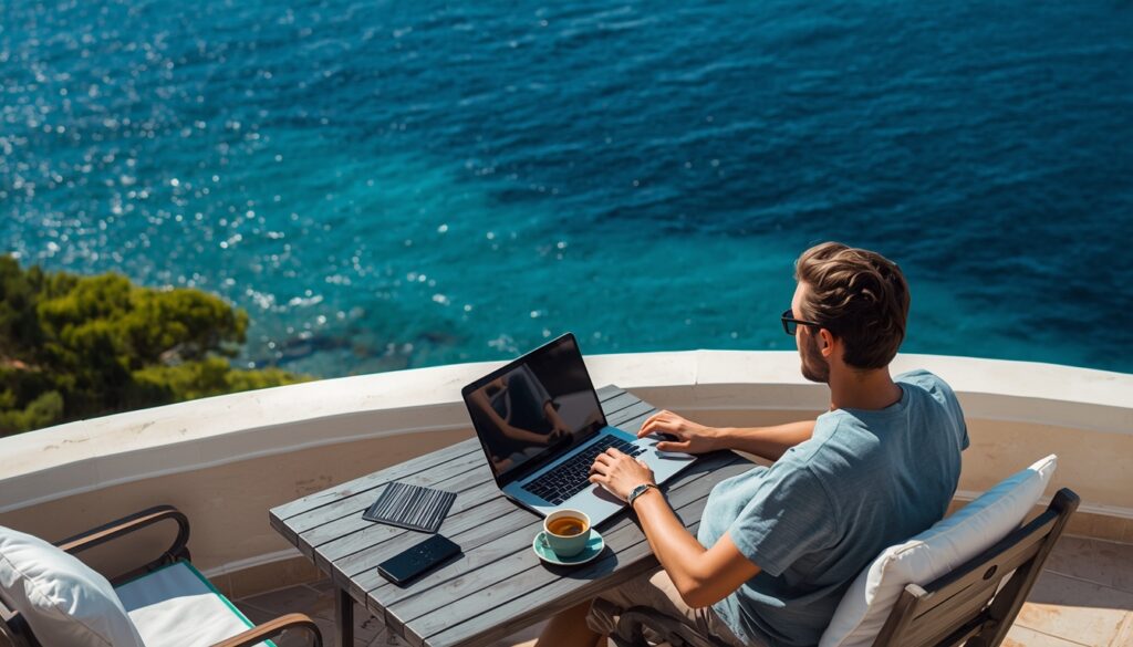 Profissional trabalhando remotamente com laptop na costa adriática Croácia — visto de nômade digital com isenção de imposto para brasileiros em 2026