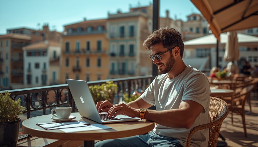 Profissional brasileiro trabalhando remotamente na Espanha com laptop — visto nômade digital Espanha 2026 aprovado em 20 dias úteis