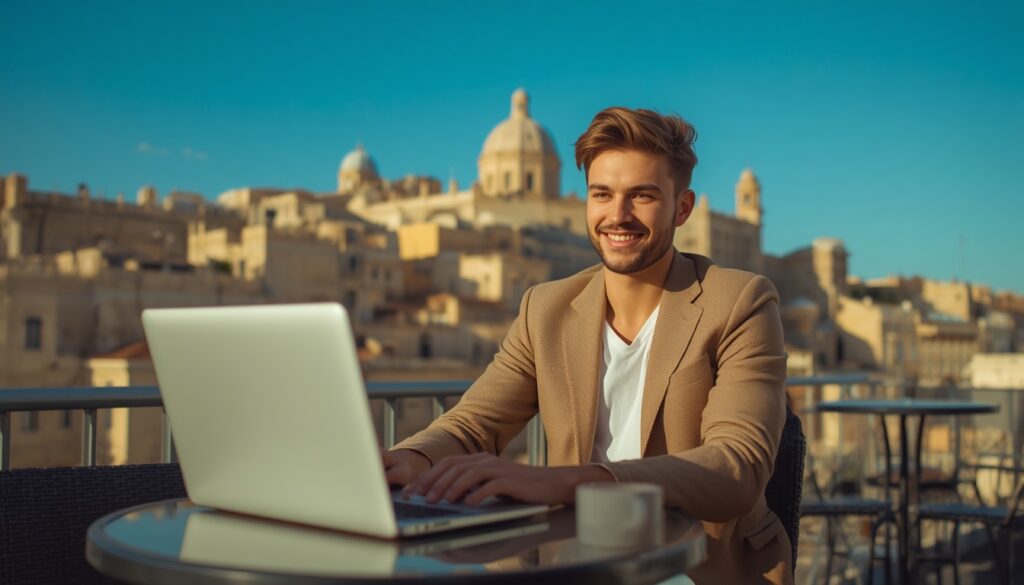 Nômade digital trabalhando em laptop em café ao ar livre em Valletta Malta com arquitetura barroca ao fundo