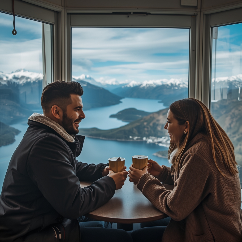 ❄️ Bariloche 2026: Guia Completo com Roteiro, Preços e Dicas de Neve Turistas aproveitando a confeitaria giratória no Cerro Otto com vista para a neve em Bariloche.