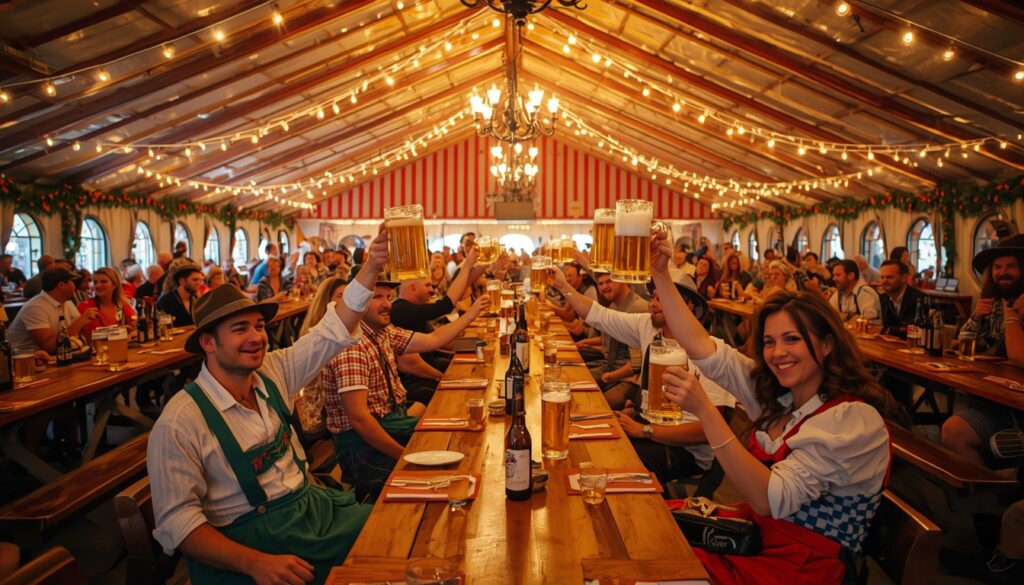 Interior de tenda da Oktoberfest em Munique com pessoas em trajes típicos bávaros levantando canecas de cerveja — a festa mais famosa do mundo acontece no final de setembro e início de outubro