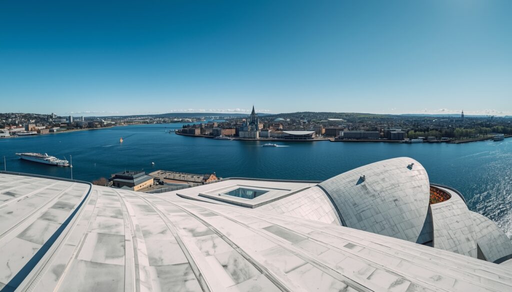 Vista panorâmica de Oslo com o Opera House e o fiordo de Oslo ao fundo — capital da Noruega e principal destino para brasileiros que buscam trabalho qualificado no país nórdico