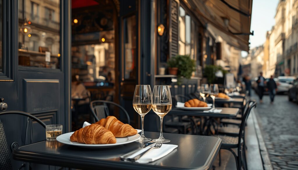 Bistrô parisiense França com mesas na calçada e gastronomia francesa — experiência gastronômica imperdível ao viajar para a França em 2026