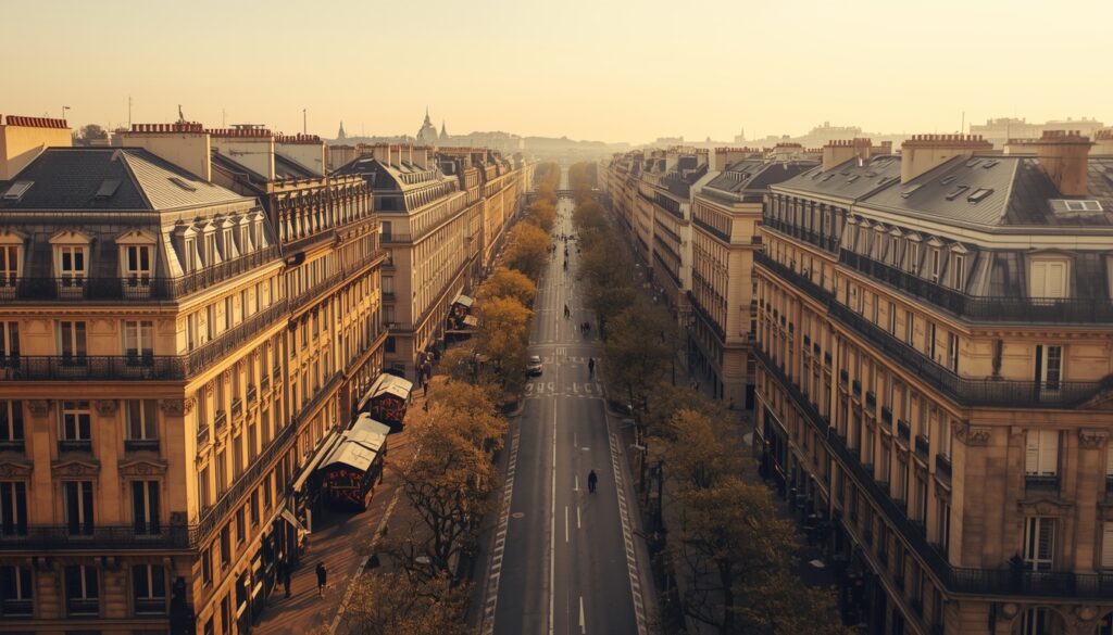 Vista panorâmica do boulevard haussmaniano em Paris com cafés e arquitetura clássica representando a qualidade de vida para quem trabalha na França