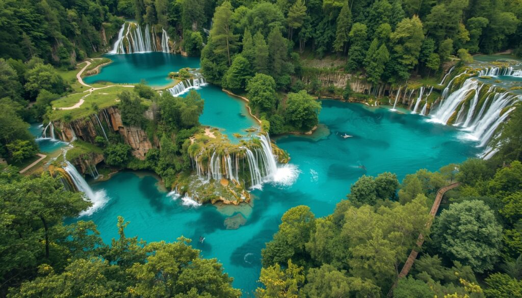 Lagos e cachoeiras turquesa do Parque Nacional dos Lagos de Plitvice na Croácia — Patrimônio da UNESCO e principal atração natural do país para turistas brasileiros