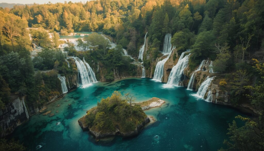 Lagos esmeralda em cascata no Parque Nacional dos Lagos de Plitvice na Croácia com vegetação exuberante e água cristalina