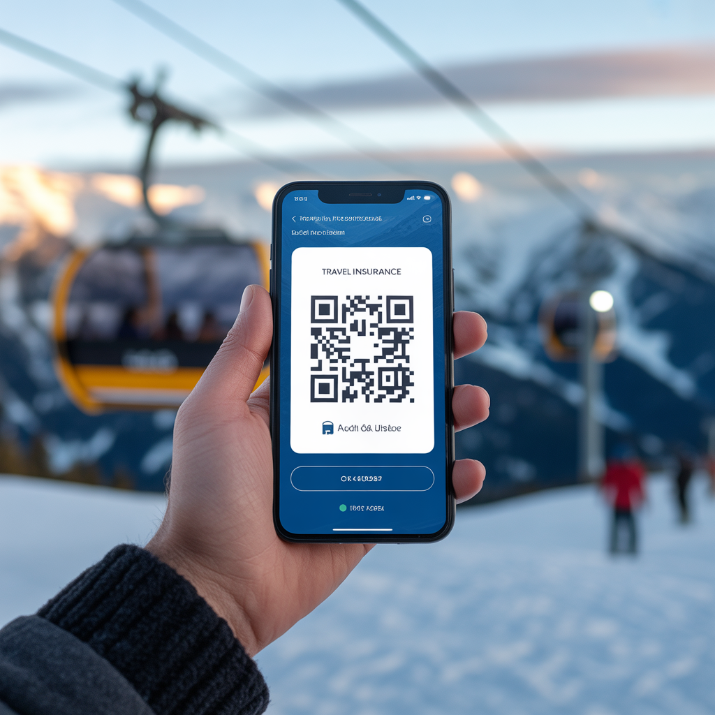 Turista com roupas de esqui conferindo o seguro viagem no topo da montanha no Chile.