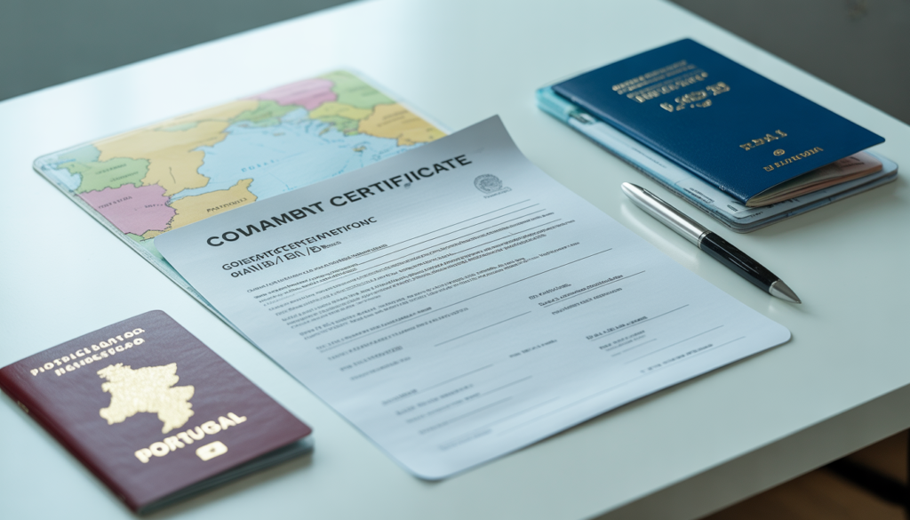 Documento PB4 ao lado de passaporte brasileiro e cartão do SUS — certificado gratuito que garante atendimento no sistema público de saúde português para contribuintes do INSS