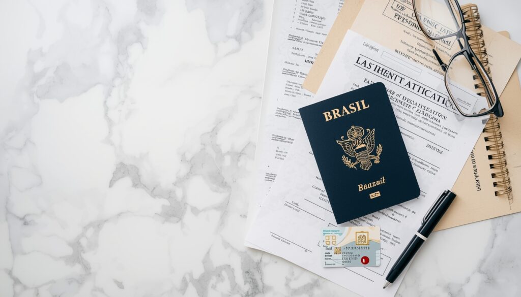 como morar na Itália Documentos italianos para residência incluindo Permesso di Soggiorno passaporte e Codice Fiscale sobre mesa