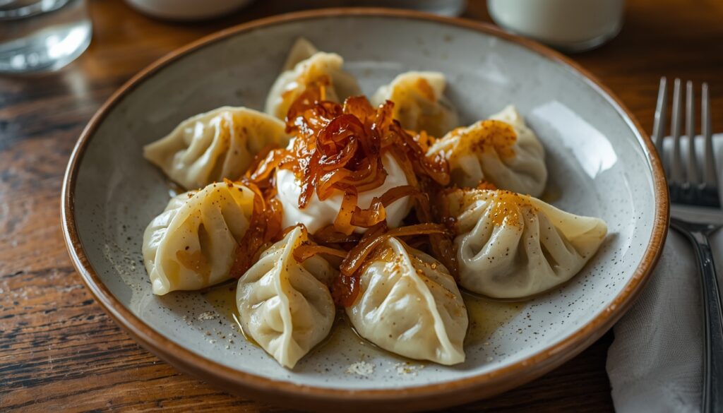 Prato de pierogi poloneses recheados com batata e queijo servidos com creme de leite e cebola caramelizada em 2026