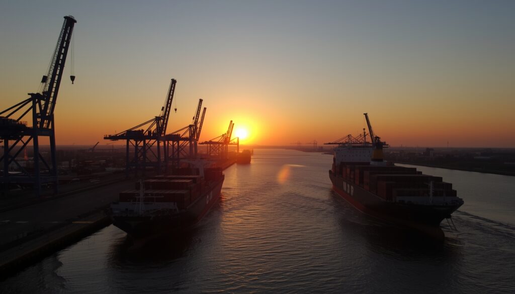 Vista aérea do Porto de Antuérpia na Bélgica com navios e contêineres, segundo maior porto da Europa e polo de empregos em logística
