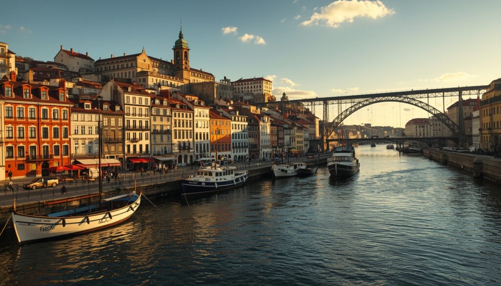 Vista da Ribeira do Porto com as casas coloridas o Rio Douro e a Ponte Dom Luís ao fundo representando a qualidade de vida da segunda maior cidade portuguesa
